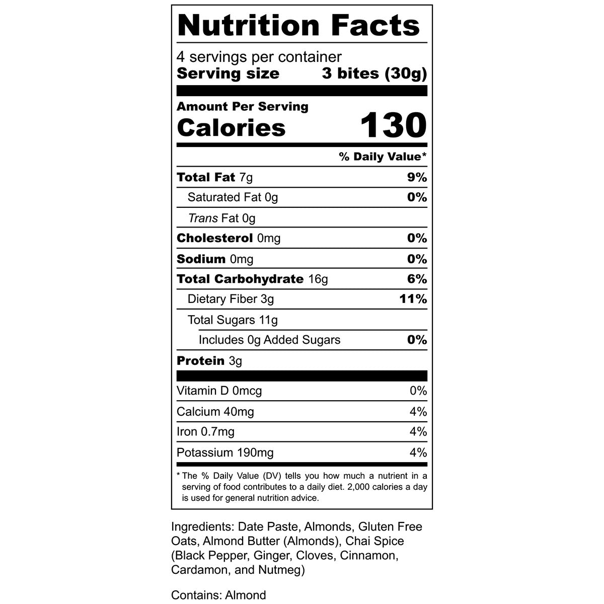 "Nutrition: 3 bites, 130 cal, 7g fat, 16g carbs, 3g protein."