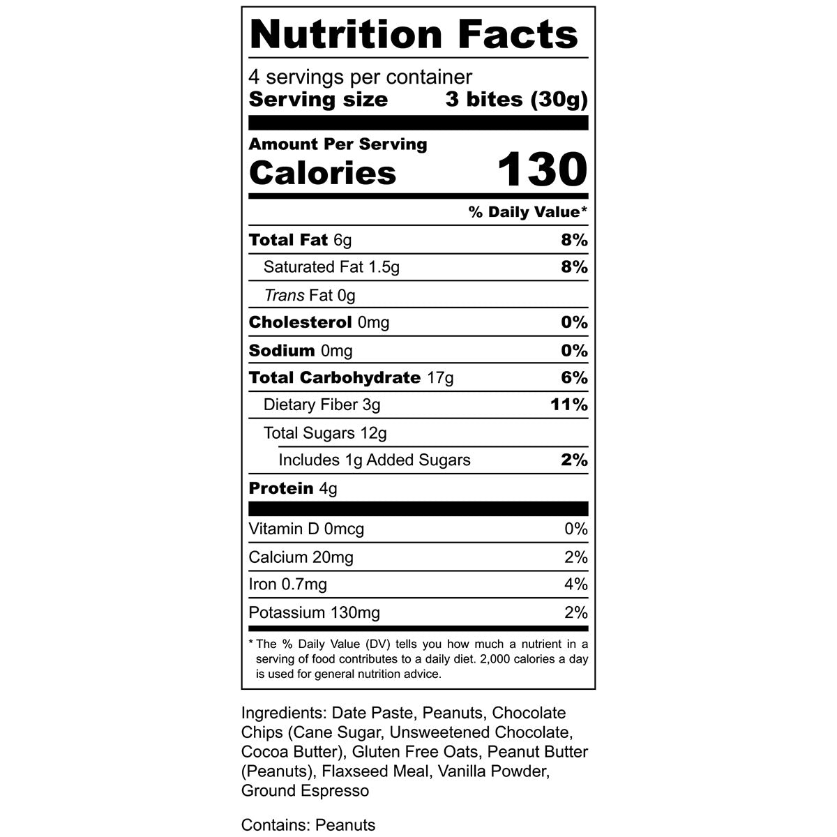 Nutrition Facts label showing a serving size of 3 bites, 130 calories, 6g fat, 17g carbs, 4g protein.
