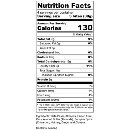 Nutrition label: 3 bites, 130 cal, 7g fat, 16g carbs, 3g protein.