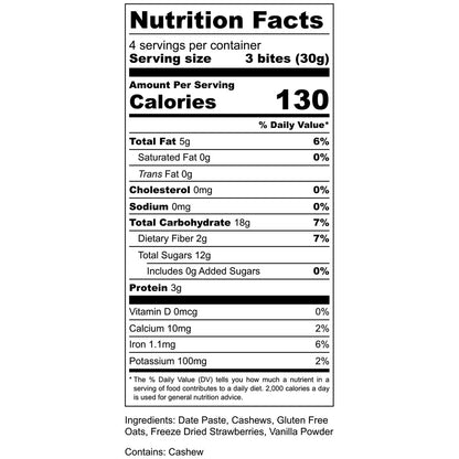 Nutrition label: 3 bites, 130 cal, 5g fat, 18g carbs, 3g protein.